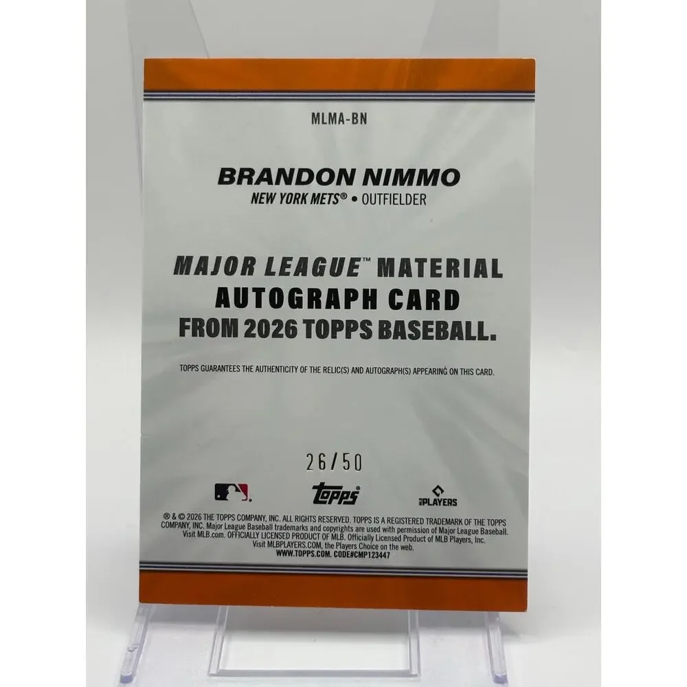2026 Topps Series 1 Brandon Nimmo Gold Game Used Relic Auto 26/50 SP NY Mets
